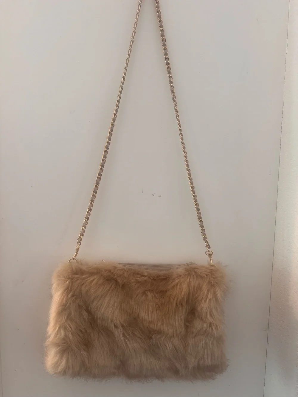 Faux Fur Beige Crossbody Bag with Chain Strap